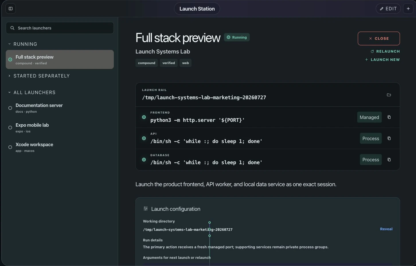 Launch Station website example showing a running full-stack project