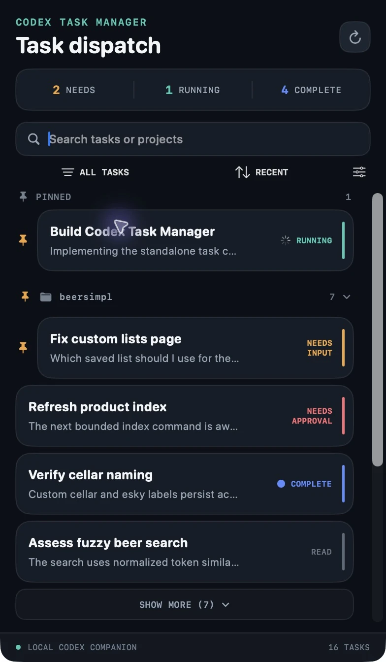 The real Codex Task Manager native window showing fictional tasks grouped by status
